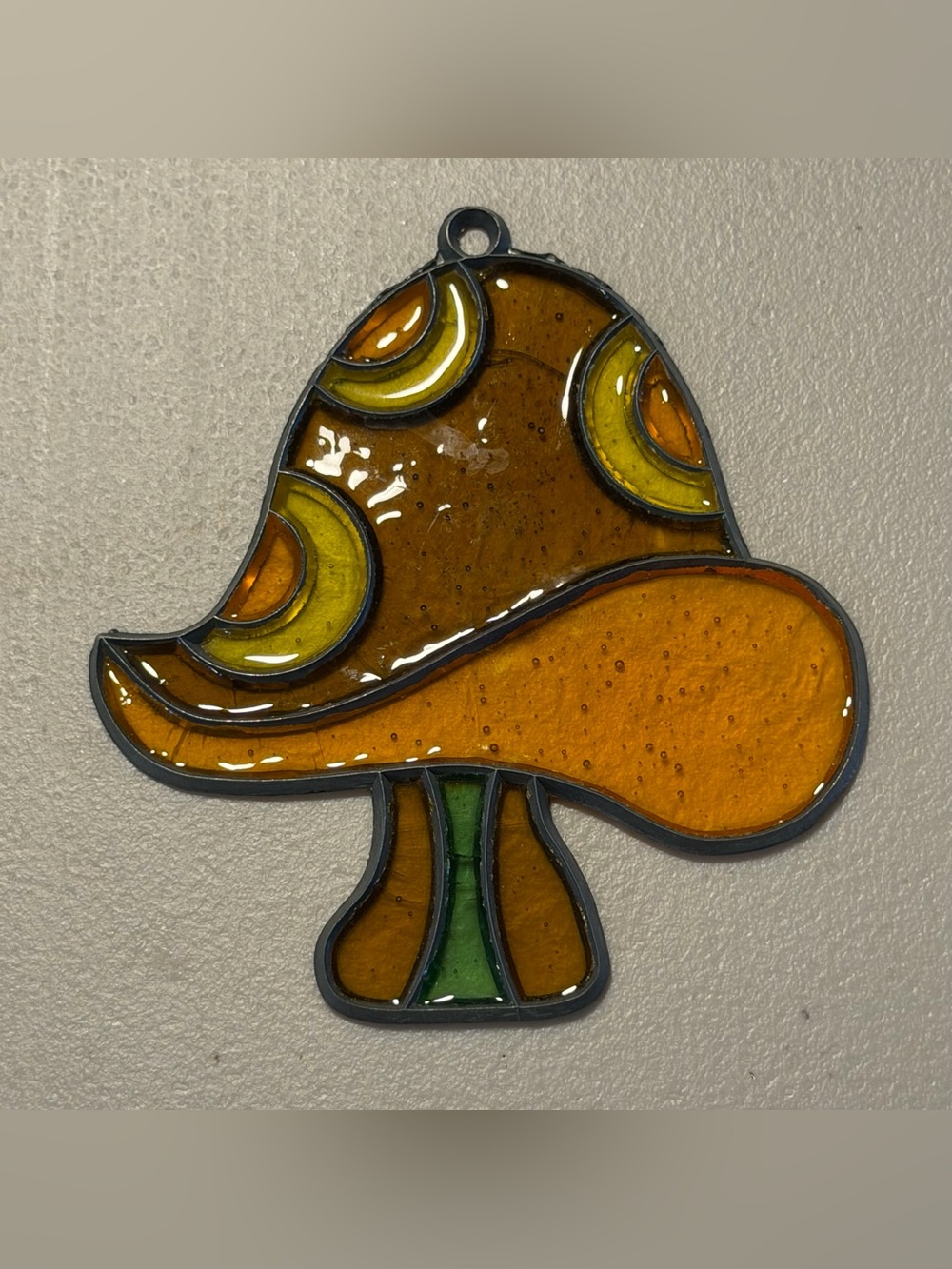 Vintage 1970s Retro Faux Stained Glass Mushroom Suncatcher / Ornament